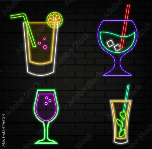 Set of neon icons cocktail tequila. neon drinks.
