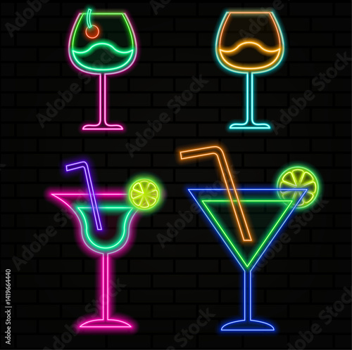 Signs in Neon Cocktail Lounge. Bar emblem drink mexican alcohol in neon style. neon cocktails. drinks icon.