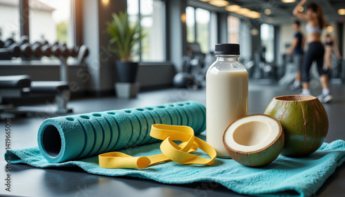 Post-workout recovery: massage roller, resistance bands, and coconut water on a towel in a gym