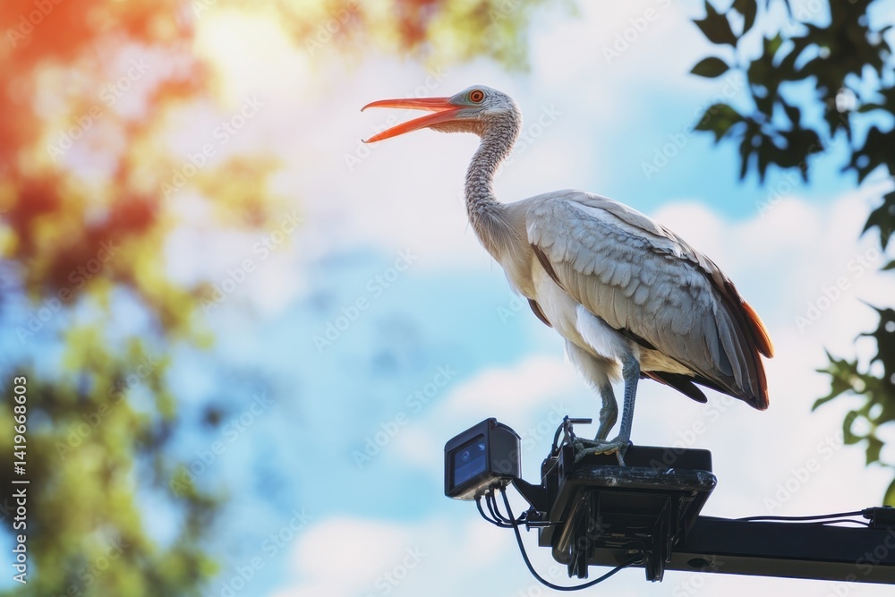Obraz premium White stork perched on a pole singing under the blue sky with trees in the background