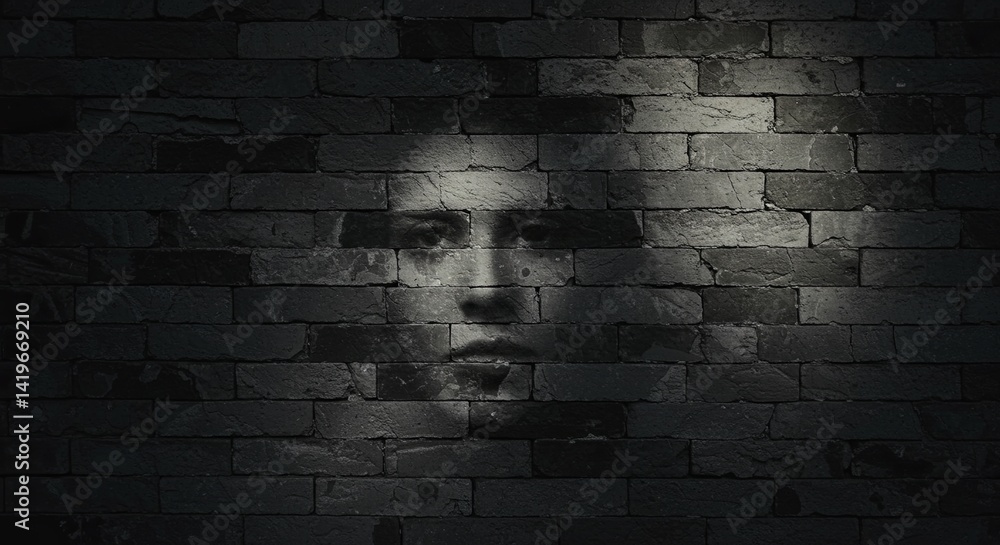 A woman's face is partially obscured by a brick wall