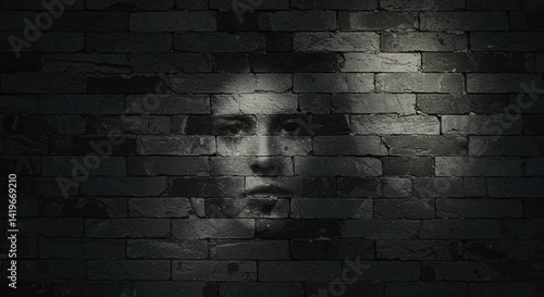 Obraz na płótnie A woman's face is partially obscured by a brick wall w salonie