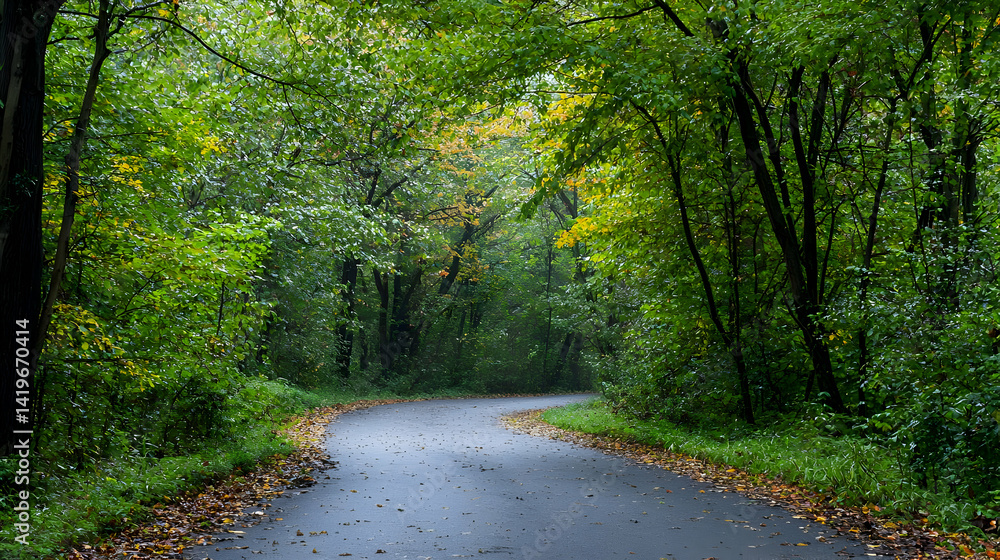 Obraz premium Forest Path On A Rainy Autumn Day