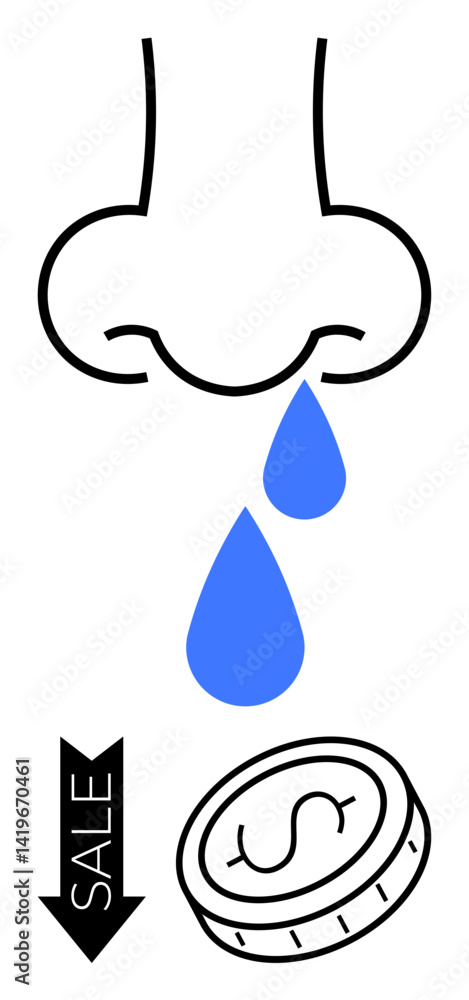 Fototapeta premium Stylized nose with blue droplets falling, pointing at a coin and downward Sale arrow. Ideal for healthcare costs, illness expenses, savings, discounts, allergies, remedies, simple landing page