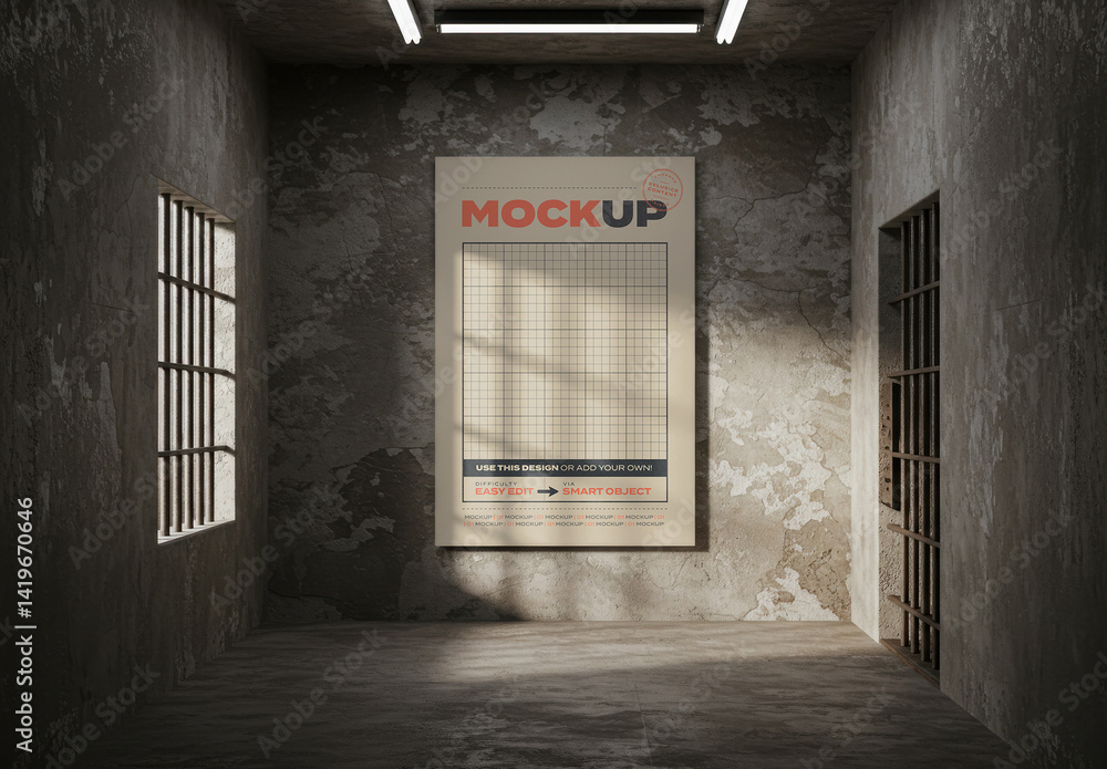 Inmate Poster Poster Mockup inside Jail Stock Template | Adobe Stock