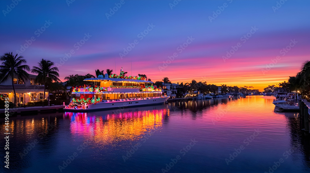 Christmas Decorated Yacht On Canal At Sunset Christmas Decorated Yacht On Canal At Sunset