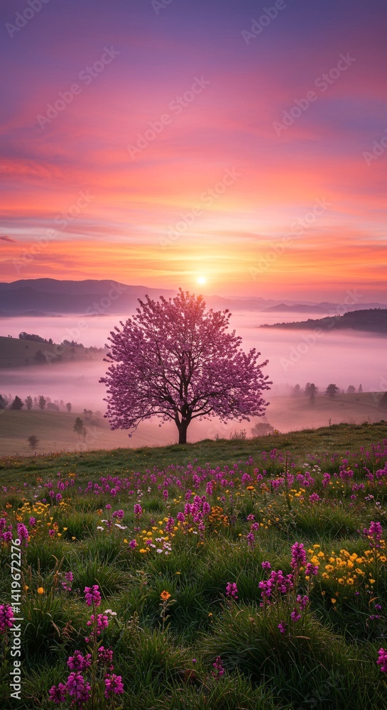 Obraz premium Breathtaking Spring Landscape Sunrise Warm Glow Fog Pink Flowering Tree Lush Green Grass Colorful Flowers Vibrant Sky Pink Purple Orange Horizon Beauty Renewal Nature Scene Serene Ambience