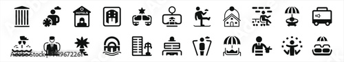 Modern Flat Icons Representing Various Travel and Hospitality Services..