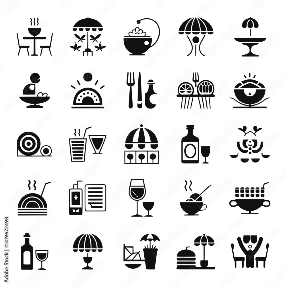 Set of Black and White Outdoor Cafe Icons/A collection of simple, black and white icons depicting outdoor cafe and restaurant elements. Set of Black and White Outdoor Cafe Icons/A collection of simple, black and white icons depicting outdoor cafe and restaurant elements.