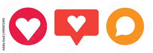 love heart icon buttons. Icons like comment, share, save, like media button.  Like icon button , thumb up icon , love and heart icon , comment icon  