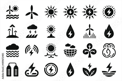 Clean Energy Icons Set for Sustainable Design Projects/A collection of black and white vector icons representing various renewable energy sources and concepts.
