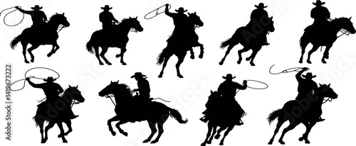 vector set of Cowboy rodeo set wild horses. Vector rodeo silhouette of cowboy riding wild horses isolated