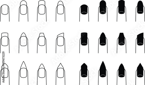 Shape nail icon set. Finger vector collection isolated on transparent background. Fashion nails type trends. Beauty spa salon woman fingernails manicure. False nail polish design mockup templates