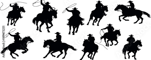vector set of Cowboy rodeo set wild horses. Vector rodeo silhouette of cowboy riding wild horses isolated