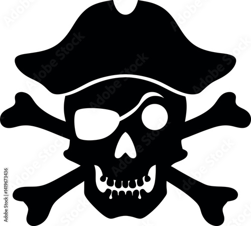 Pirate Skull with Bones, Black and White Icon, Halloween, Jolly Roger Motif, Danger Sign