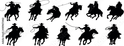 vector set of Cowboy rodeo set wild horses. Vector rodeo silhouette of cowboy riding wild horses isolated