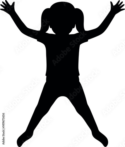 Silhouette Active Girl Jumping Jack Exercise with Arms Up and Legs Apart on White