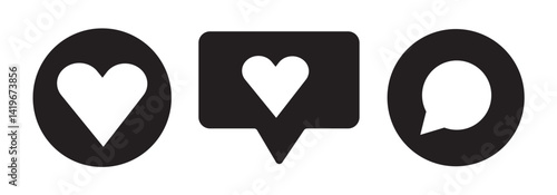 love heart icon buttons. Icons like comment, share, save, like media button.  Like icon button , thumb up icon , love and heart icon , comment icon  
