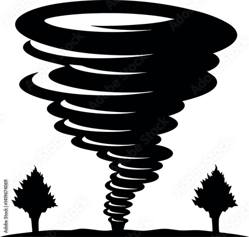 Silhouette of a Tornado Above Ground Between Two Trees, Black and White, Disaster