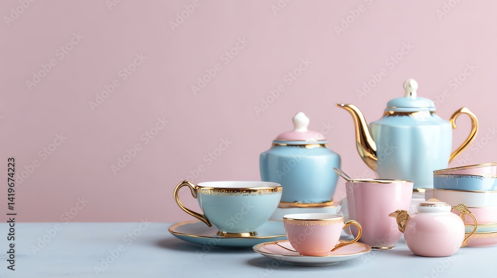 Delicate pastel tea set on a minimalist table. Delicate pastel tea set on a minimalist table.
