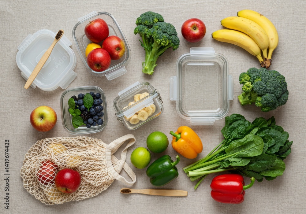 Flat lay of eco-friendly essentials including reusable containers, a bamboo toothbrush, cotton mesh bag, and fresh organic produce arranged on a natural linen background