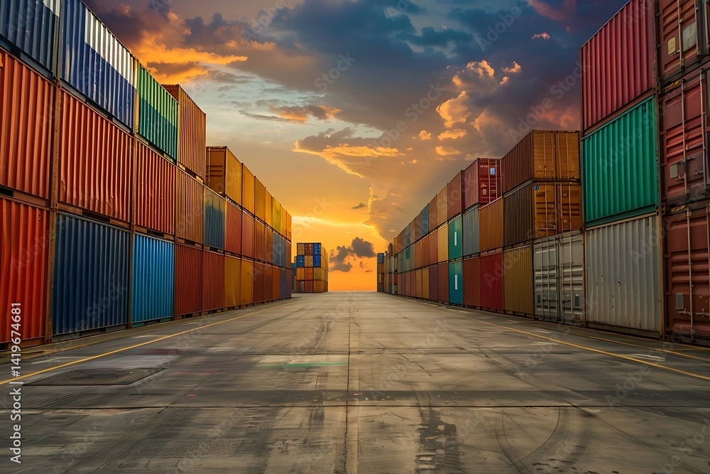 Rows Of Shipping Containers At Sunset Under A Dramatic Sky With Golden And Orange Hues