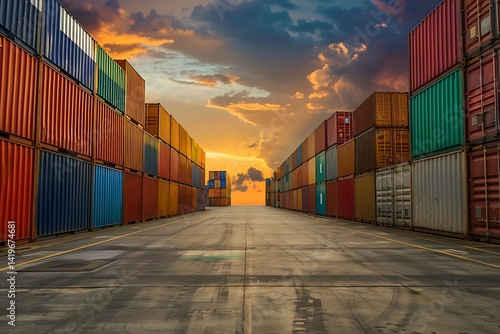Rows Of Shipping Containers At Sunset Under A Dramatic Sky With Golden And Orange Hues