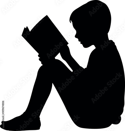 Silhouette of Boy Sitting Reading Open Book with Legs Crossed on White Background