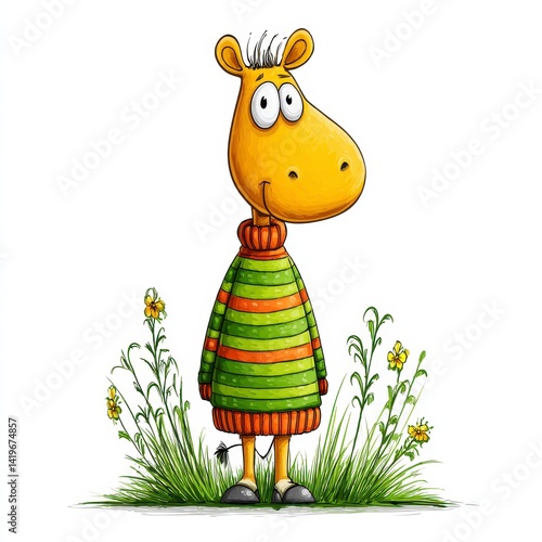 Playful Cartoon Giraffe in Striped Sweater, Grassy Field with Yellow Flowers