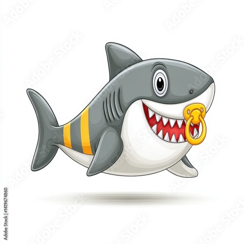 Playful Cartoon Grey Shark with Yellow Stripes and Pacifier