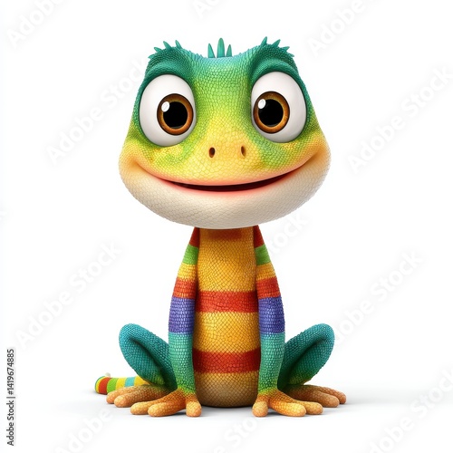 Playful Cartoon Lizard with Rainbow Stripes on White Background