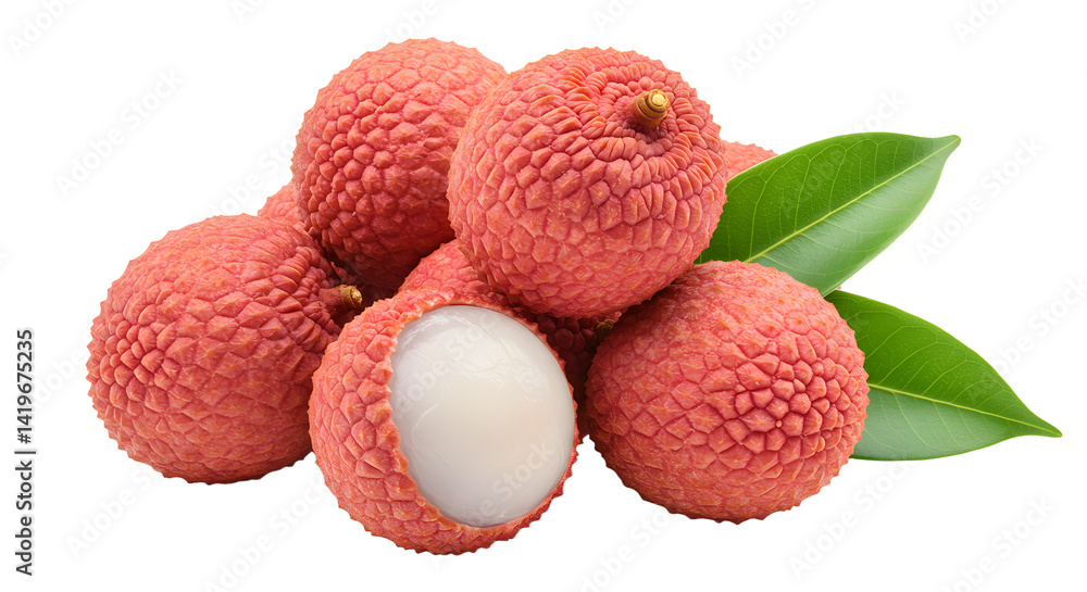 A vibrant display of fresh lychee fruits, showcasing their textured skin and juicy interior, ideal for culinary use A vibrant display of fresh lychee fruits, showcasing their textured skin and juicy interior, ideal for culinary use