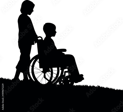 Silhouette of Girl Pushing Boy in Wheelchair on Grassy Hill, Inclusion, Black & White