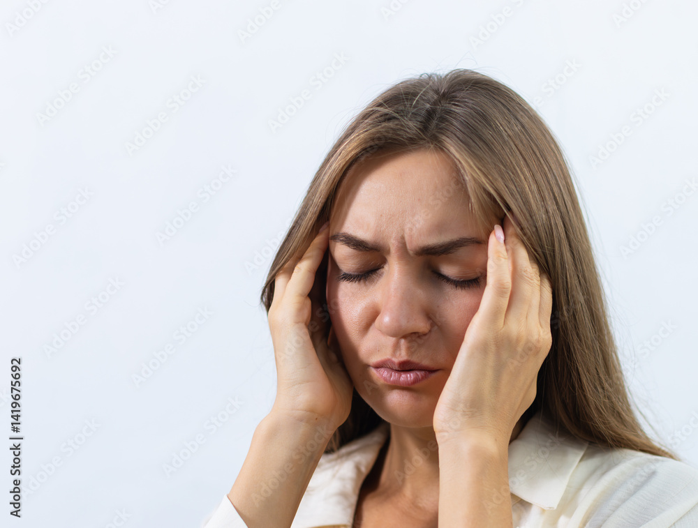 Stressed, Unhappy Young woman Suffering from Migraine, headache at home. Sick woman having headache feeling fatigue, anxiety and depression sits on sofa living room. mental health and health problem. Stressed, Unhappy Young woman Suffering from Migraine, headache at home. Sick woman having headache feeling fatigue, anxiety and depression sits on sofa living room. mental health and health problem.