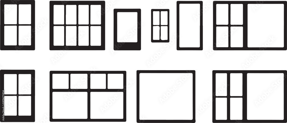 This image features a variety of window styles, outlined in bold black frames, set against a light gray wall. This image features a variety of window styles, outlined in bold black frames, set against a light gray wall.