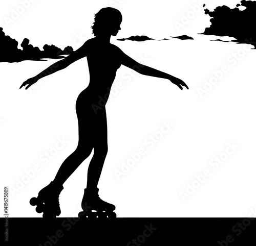 Silhouette of Sporty Woman on Rollerskates with Arms Outstretched near Scenic Coastline