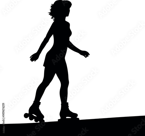 Silhouette of Young Woman Roller Skating in a Short Dress on Black Surface