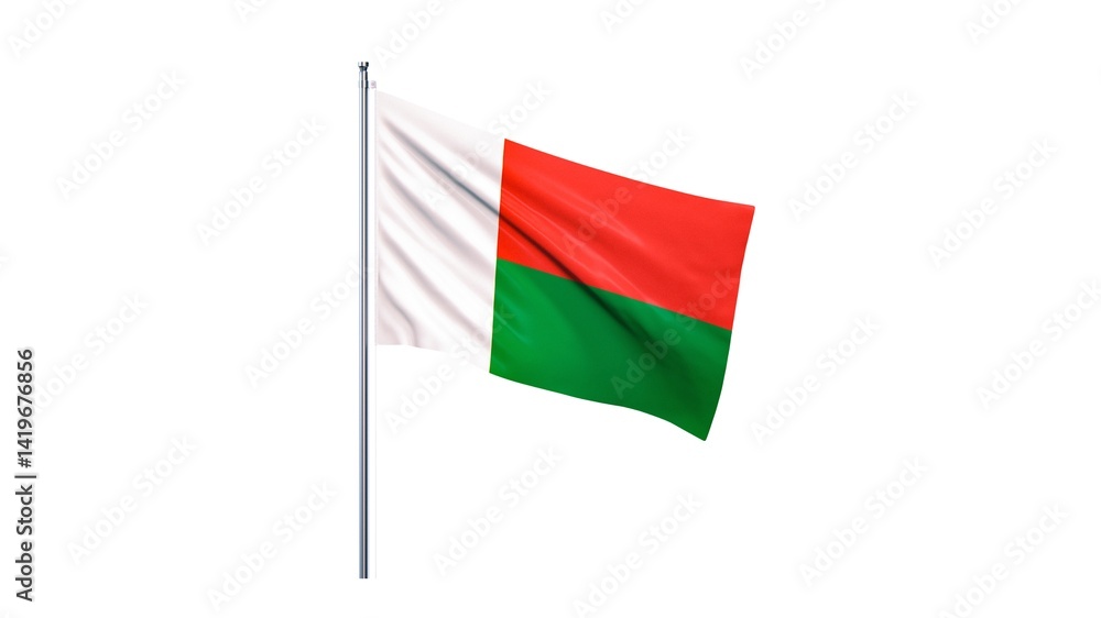 Madagascar national flag isolated on white background. Republic of Madagascar is an island country that includes the island of Madagascar and numerous smaller peripheral islands.