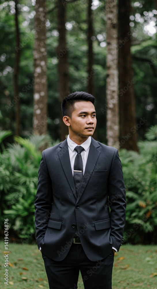 Indonesian Man Elegant Suit Lush Greenery Background Short Hair Tie Tailored High Quality Fabric Blurred Trees Foliage Soft Lighting Professional Pose Minimalist Style. Indonesian Man Elegant Suit Lush Greenery Background Short Hair Tie Tailored High Quality Fabric Blurred Trees Foliage Soft Lighting Professional Pose Minimalist Style.