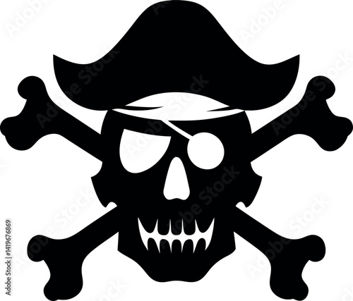 Skull and Crossbones Silhouette with Pirate Hat and Eye Patch, Black on White