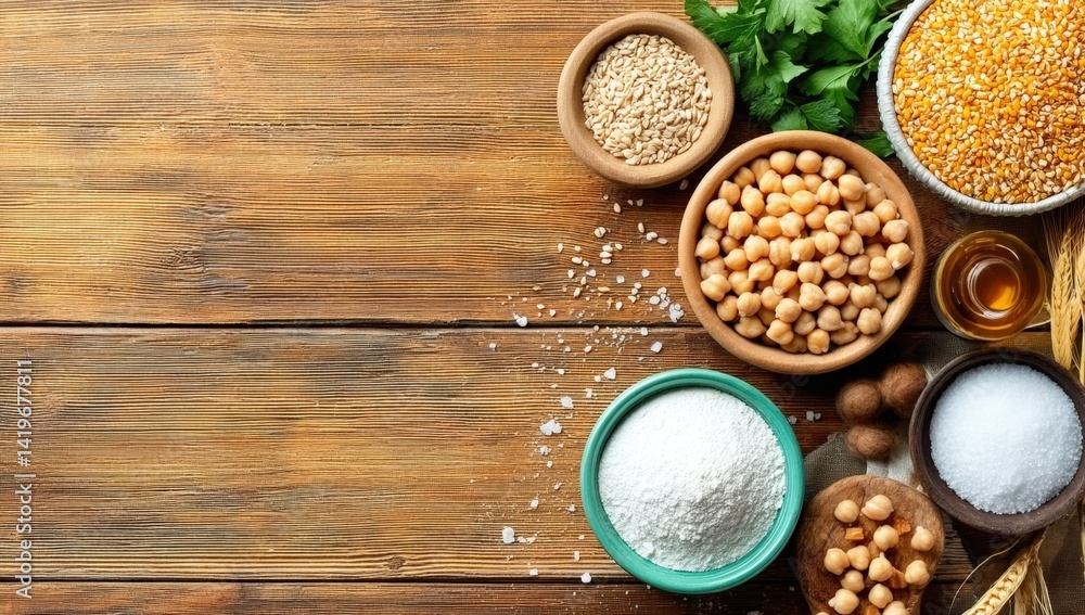 A vibrant assortment of spices, grains, and legumes arranged in bowls on a rustic wooden surface, ideal for culinary inspiration. A vibrant assortment of spices, grains, and legumes arranged in bowls on a rustic wooden surface, ideal for culinary inspiration.