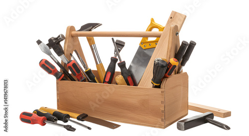 A wooden toolbox filled with various hand tools, including hammers and screwdrivers, set against a clean background