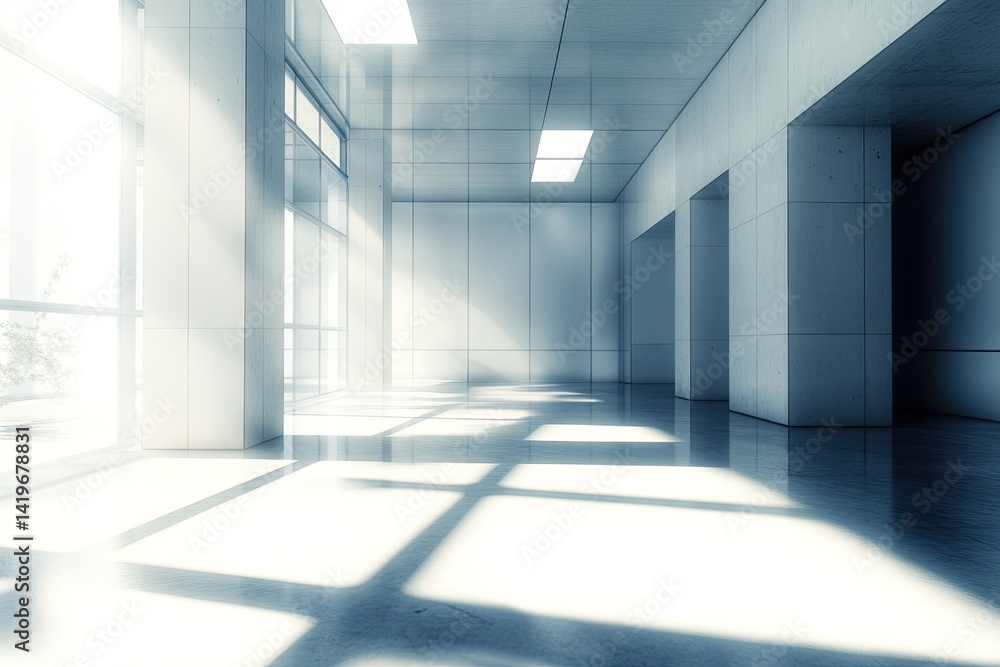 Modern, Empty Hallway. Sunlight streams through large windows, creating dramatic shadows on the polished floor Modern, Empty Hallway. Sunlight streams through large windows, creating dramatic shadows on the polished floor