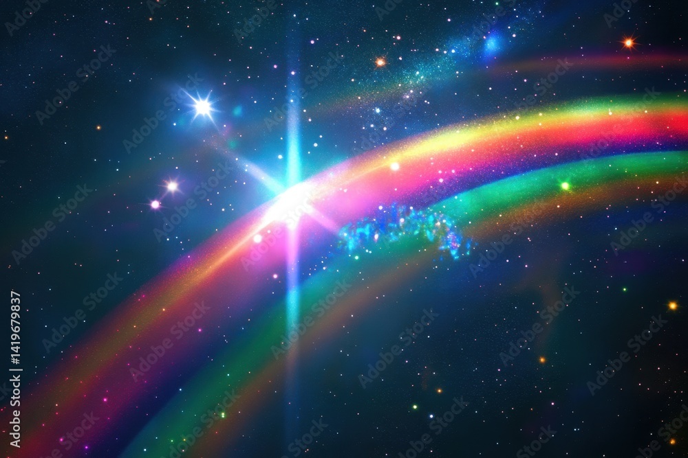 Fototapeta premium Vibrant rainbow arcs across a cosmic background filled with stars and galaxies