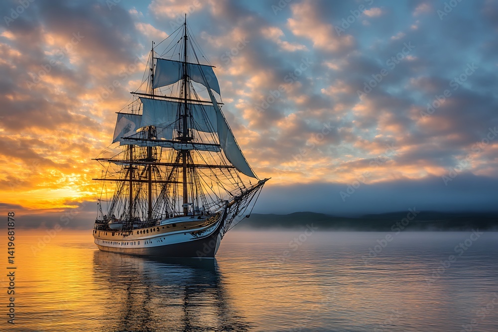 Obraz premium Sailing Ship Silhouetted Against Sunset Over Calm Water With Reflection