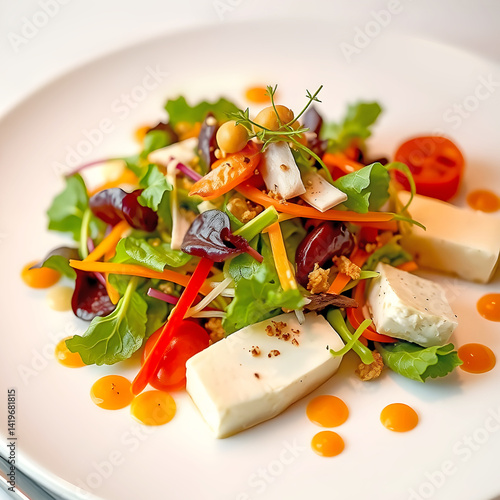 Prepared dish of vegetables, microgreens and pieces of feta cheese on a white plate, close-up.