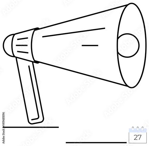 Megaphone emitting sound lines placed near a calendar marked with 27. Ideal for communication, events, marketing, reminders, news, public speaking, urgency. Flat simple metaphor