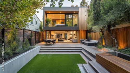 Modern, contemporary home with a stylish backyard.  A modern architectural home with a beautifully landscaped backyard, featuring a fire pit, outdoor dining, and a seamless indoor-outdoor flow
