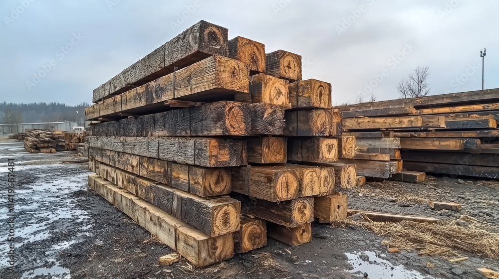 Wooden beams stacked and ready for processing at a timber mill. Wooden beams stacked and ready for processing at a timber mill.