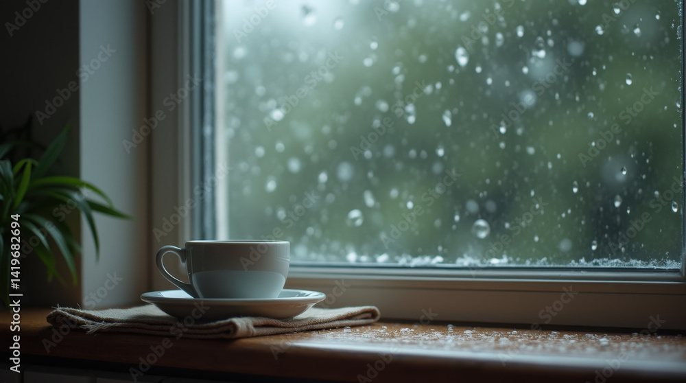 Obraz premium A minimalist photograph of a single coffee cup on a windowsill, large raindrops streaking the glass, soft natural light, cozy and tranquil rainy day mood.